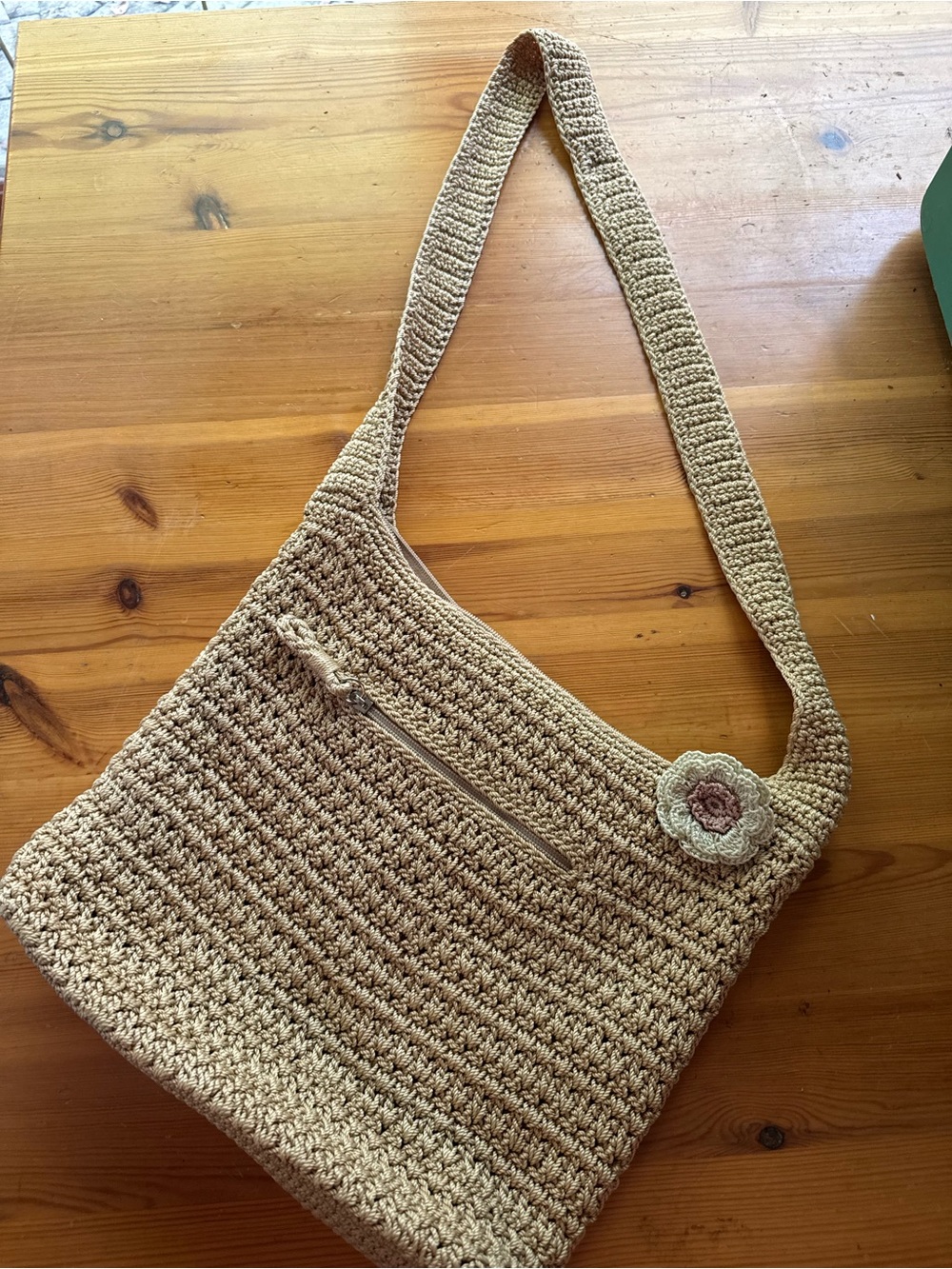 The Sak Tan Crochet Shoulder Bag with Floral Accent